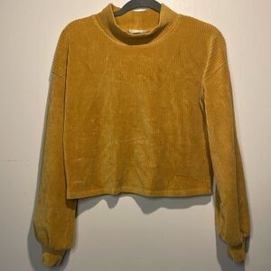 Altar’d State- Gold Mock Neck Ribbed Cropped Balloon Sleeve Sweater- Size Small